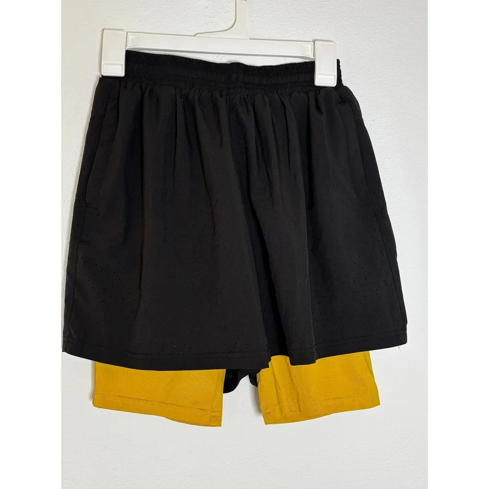 Urban Outfitters Mens 2-in-1‎ Running Shorts Black Yellow Size Small Activewear